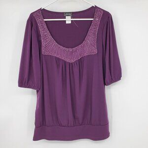 Judith Purple Embroidered Women's Short Sleeved Pullover Scoop‎ Neck Shirt 1X